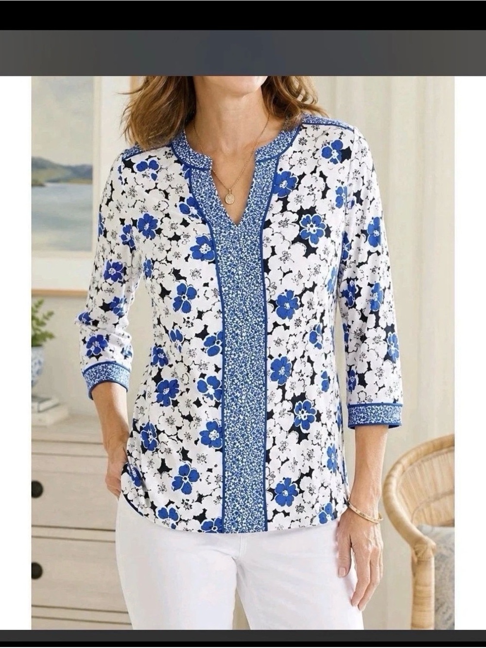 Talbots Blue White Floral Top Blouse SP Small Petite